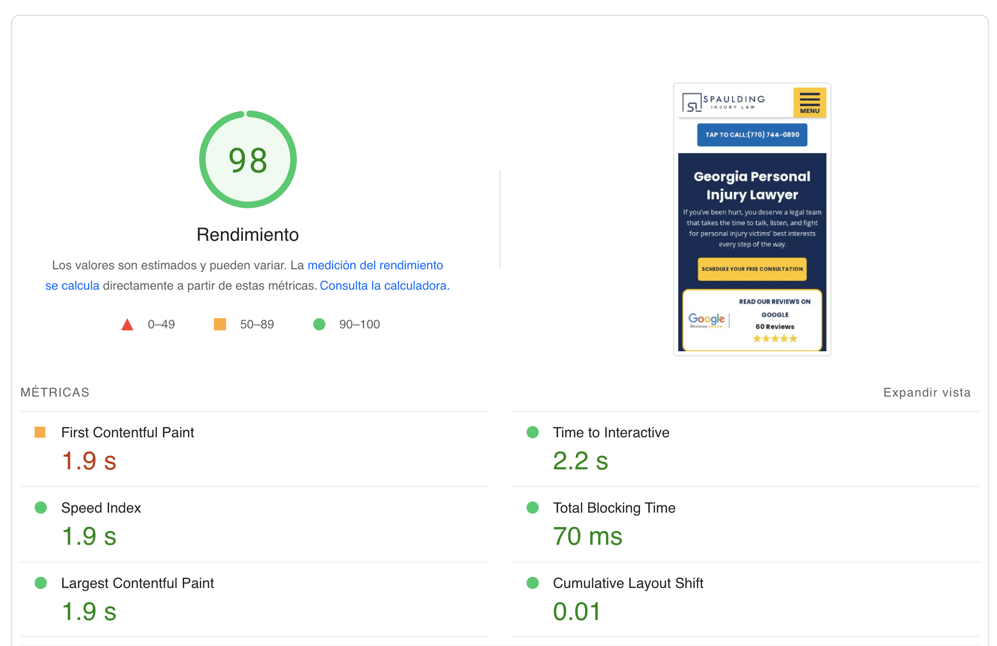 Google page speed insights screenshot